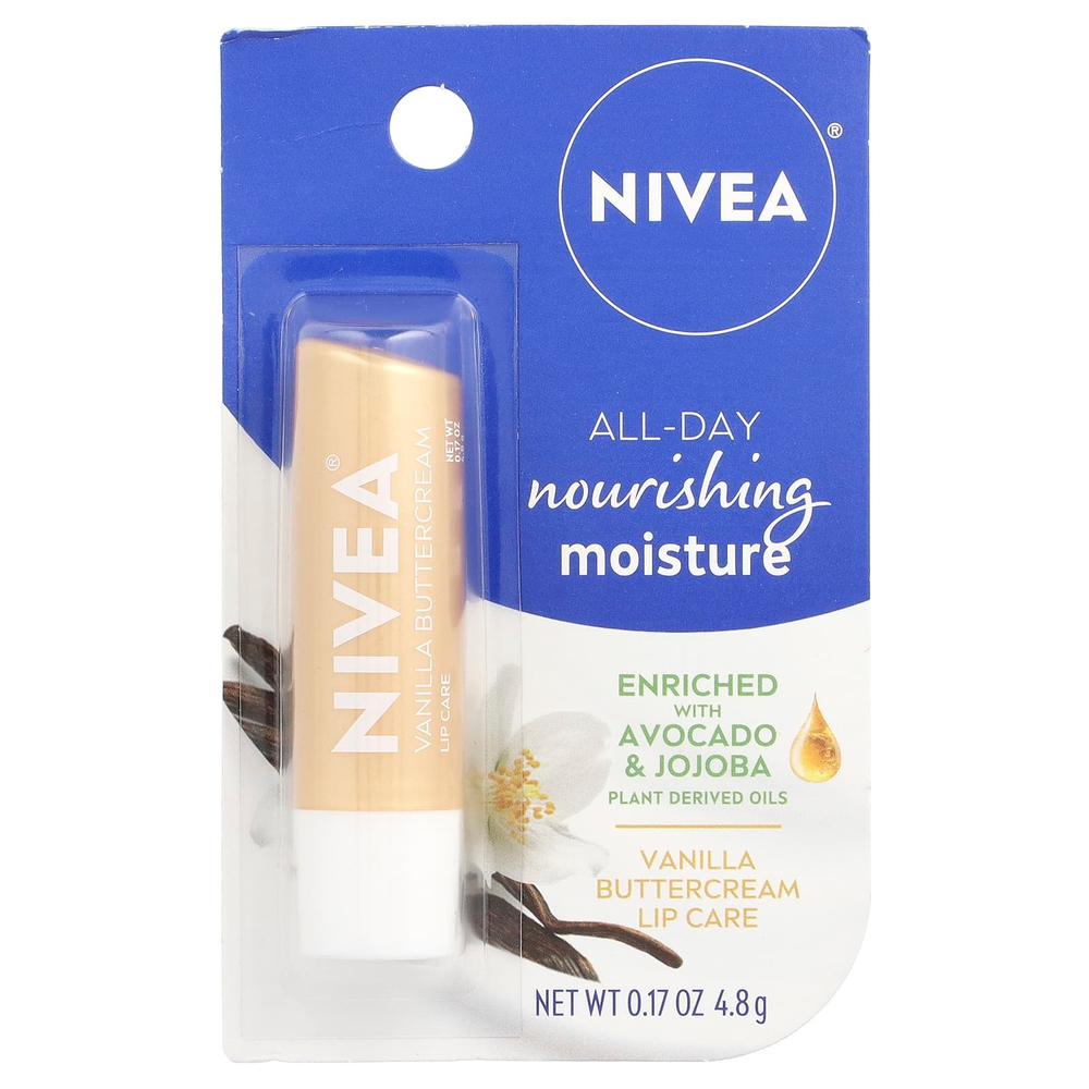 Nivea, Питательное увлажнение на весь день, уход для губ, ванильный крем, 4,8 г (0,17 унции)