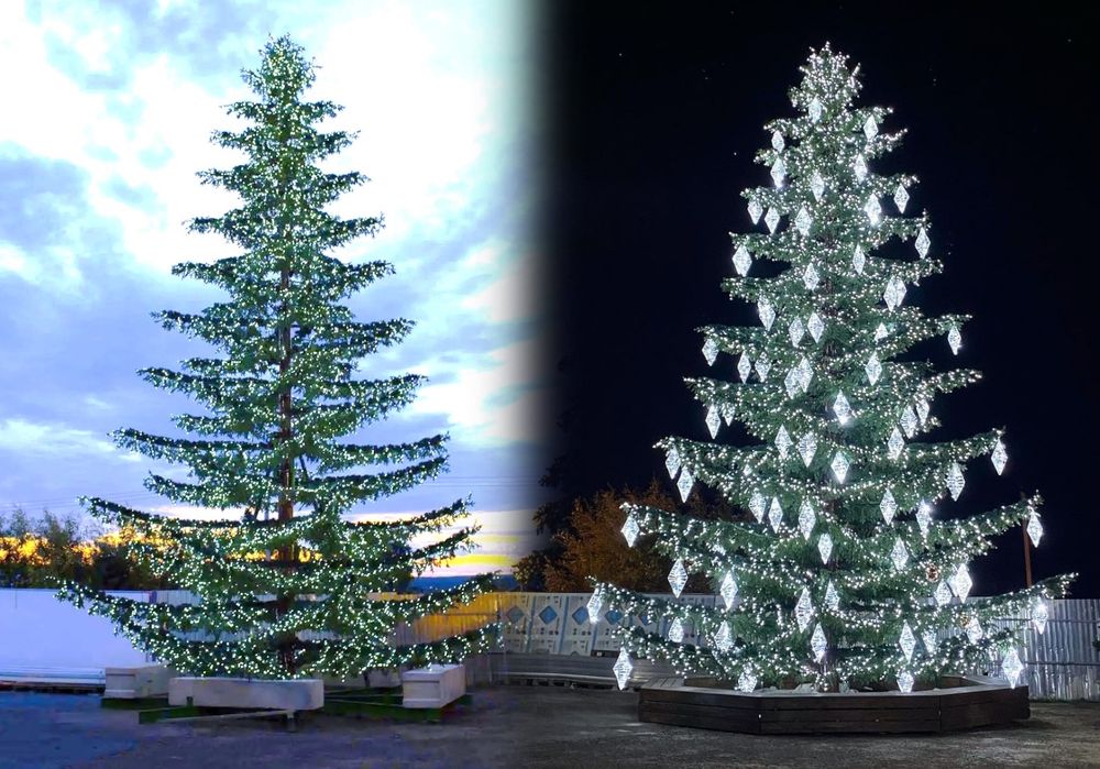 Светодинамическая елка ствольная со скамейкой, встроенная гирлянда: Холодный свет - "Лесная" (Литая хвоя) 6 м