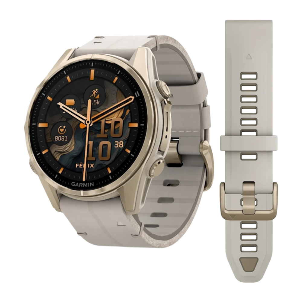 Спортивные часы Garmin fenix 8, 43 мм, AMOLED, кожаный ремешок цвета «известняк», силиконовый ремешок цвета «серый туман»/«тёмный песчаник» Золотистый безель из нержавеющей стали, AMOLED-дисплей. Кожаный ремешок и силиконовый ремешок с классическими застё