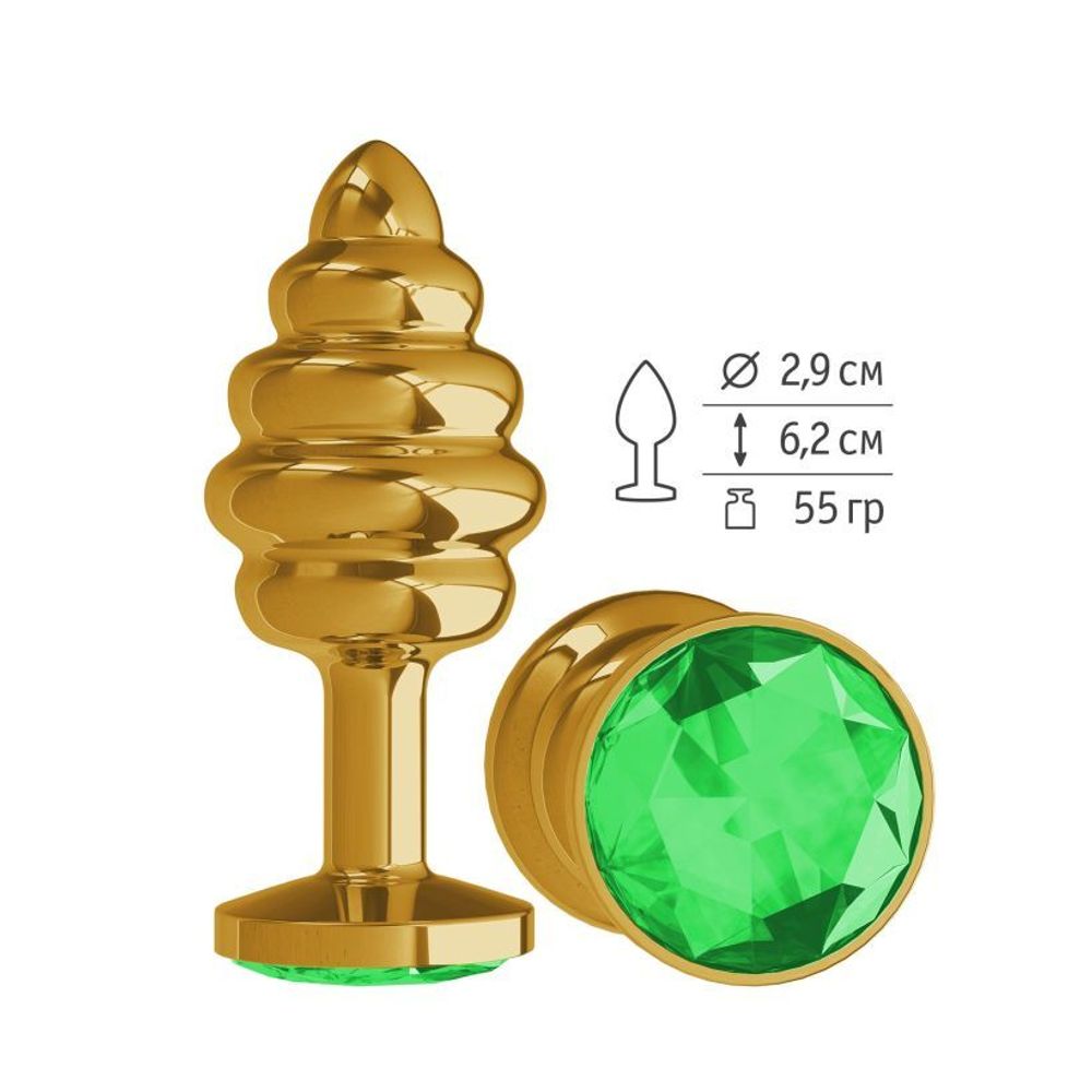 512-03 GREEN-DD / Анальная втулка Gold Spiral с зеленым кристаллом маленькая