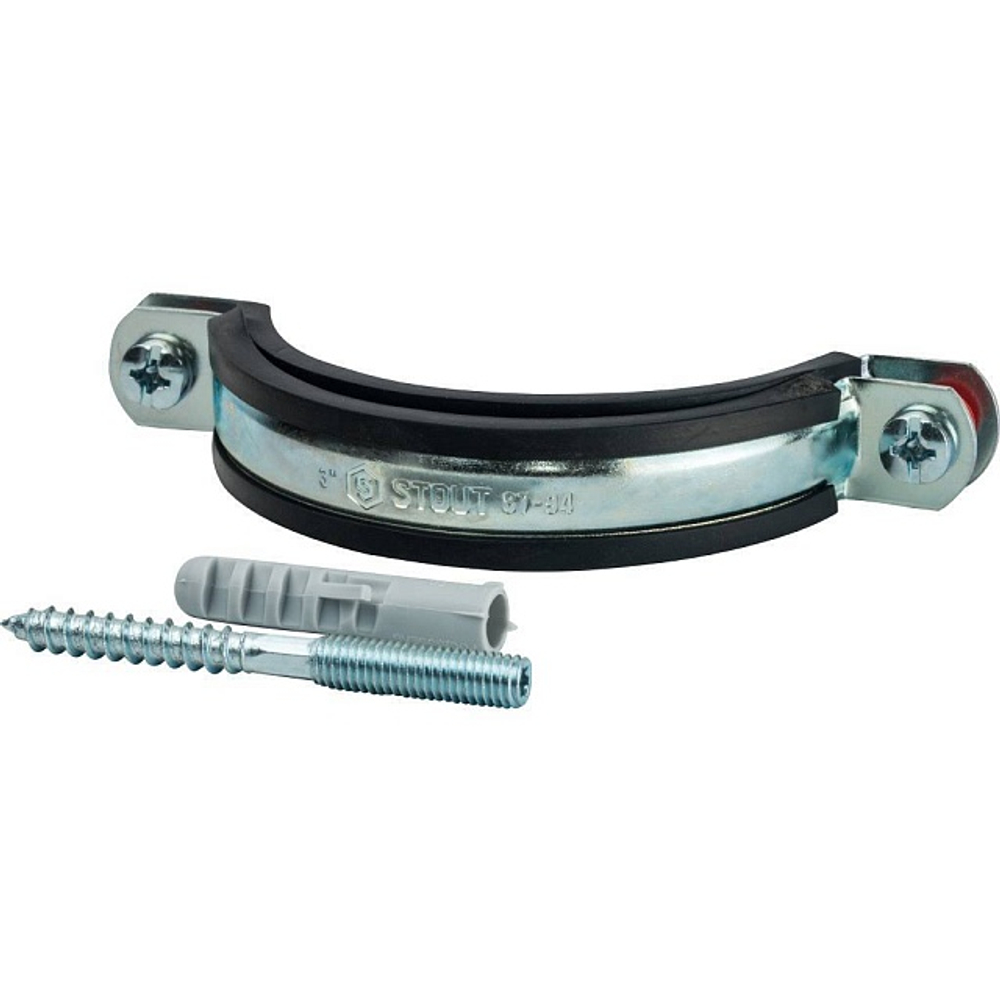 Хомут для труб двухвинтовой STOUT - 3" (87-94 мм, шпилька, шуруп и дюбель в комплекте)