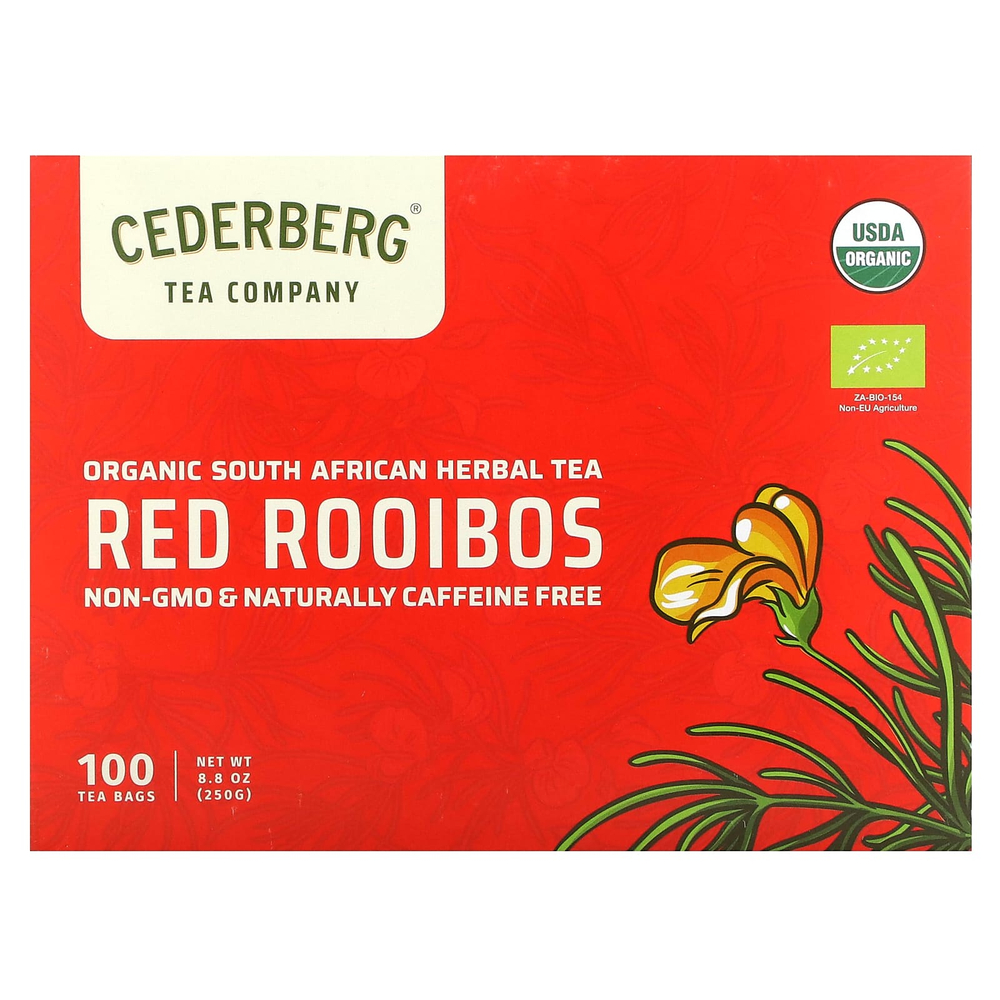 Cederberg Tea Co, органический южноафриканский травяной чай, красный ройбуш, без кофеина, 100 чайных пакетиков, 250 г (8,8 унции)
