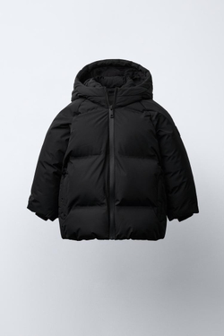 ZARA СТЕГАНЫЙ ПУХОВИК С КАПЮШОНОМ WATER REPELLENT, ЧЕРНЫЙ