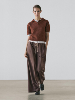 Massimo Dutti Брюки из шерстяной смеси с контрастной завязкой, коричневый
