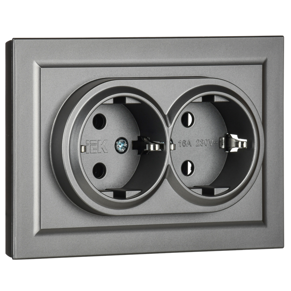 BRITE Розетка 2-местная с заземлением без защитных шторок 16А в сборе РС12-3-БрС сталь IEK
