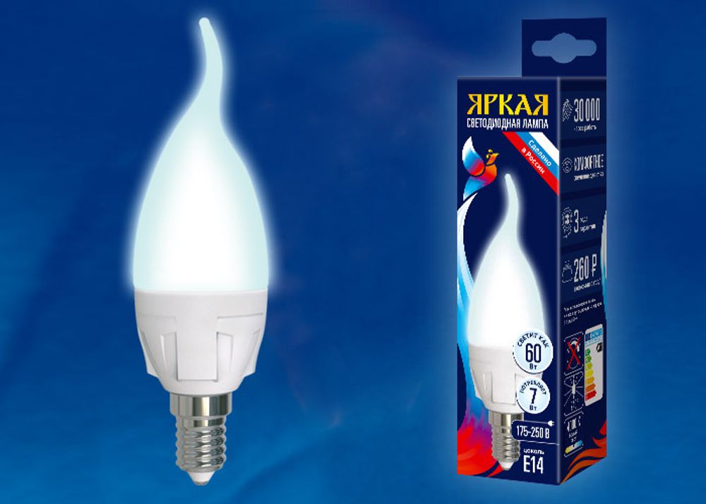 LED-CW37 7W/NW/E14/FR PLP01WH Лампа светодиодная. Форма «свеча на ветру», матовая. Серия ЯРКАЯ. Белый свет (4000K). Картон. ТМ Uniel
