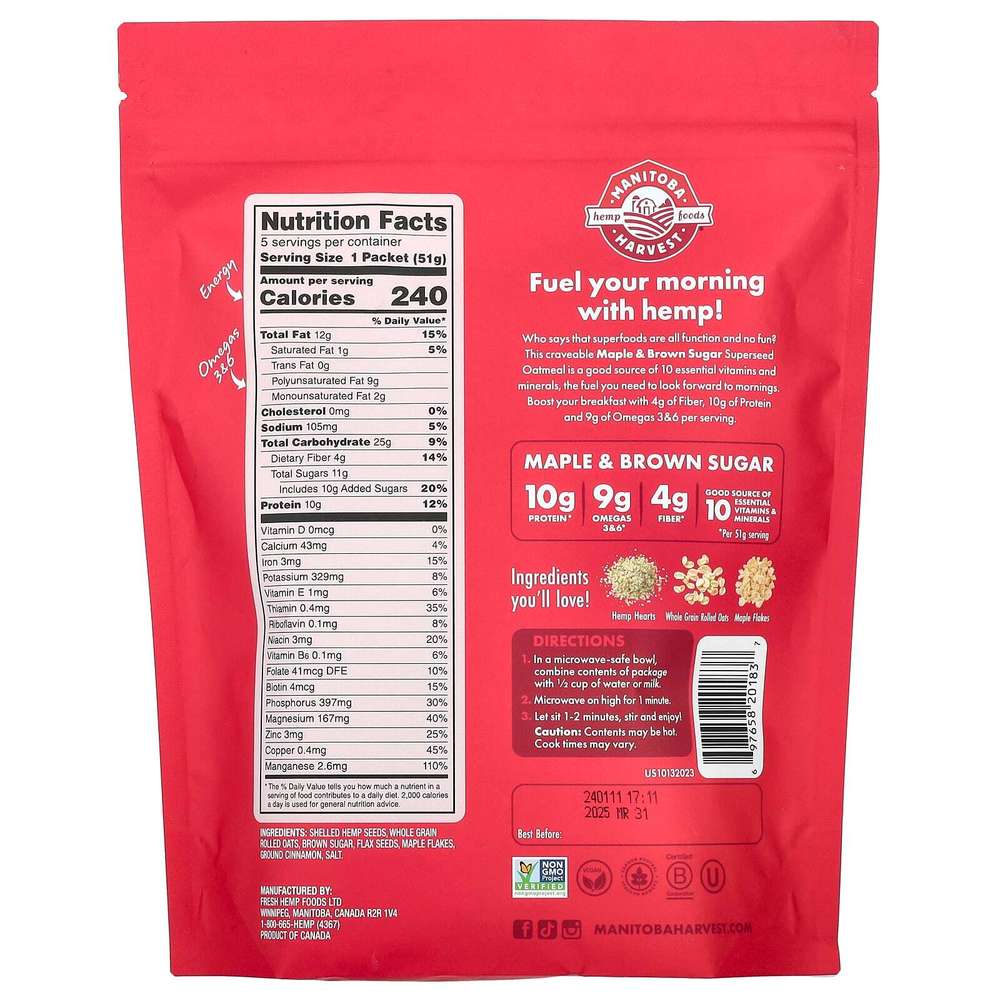 Manitoba Harvest, Овсянка быстрого приготовления, кленовый сироп и коричневый сахар, 5 пакетиков по 51 г (1,8 унции)
