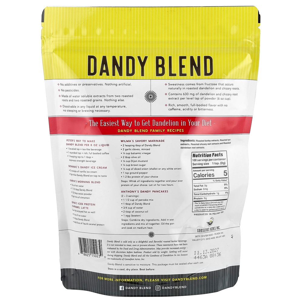 Dandy Blend, растворимый травяной напиток с одуванчиком, без кофеина, 200 г (7,05 унции)