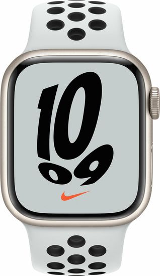 Apple Watch Nike Series 7, 41 мм, корпус из алюминия цвета «сияющая звезда», спортивный ремешок Nike цвета «чистая платина/чёрный»