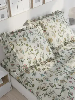 Декоративная наволочка с рюшами, оборками "Ботаника" 70х70 см, 1 шт, без молнии