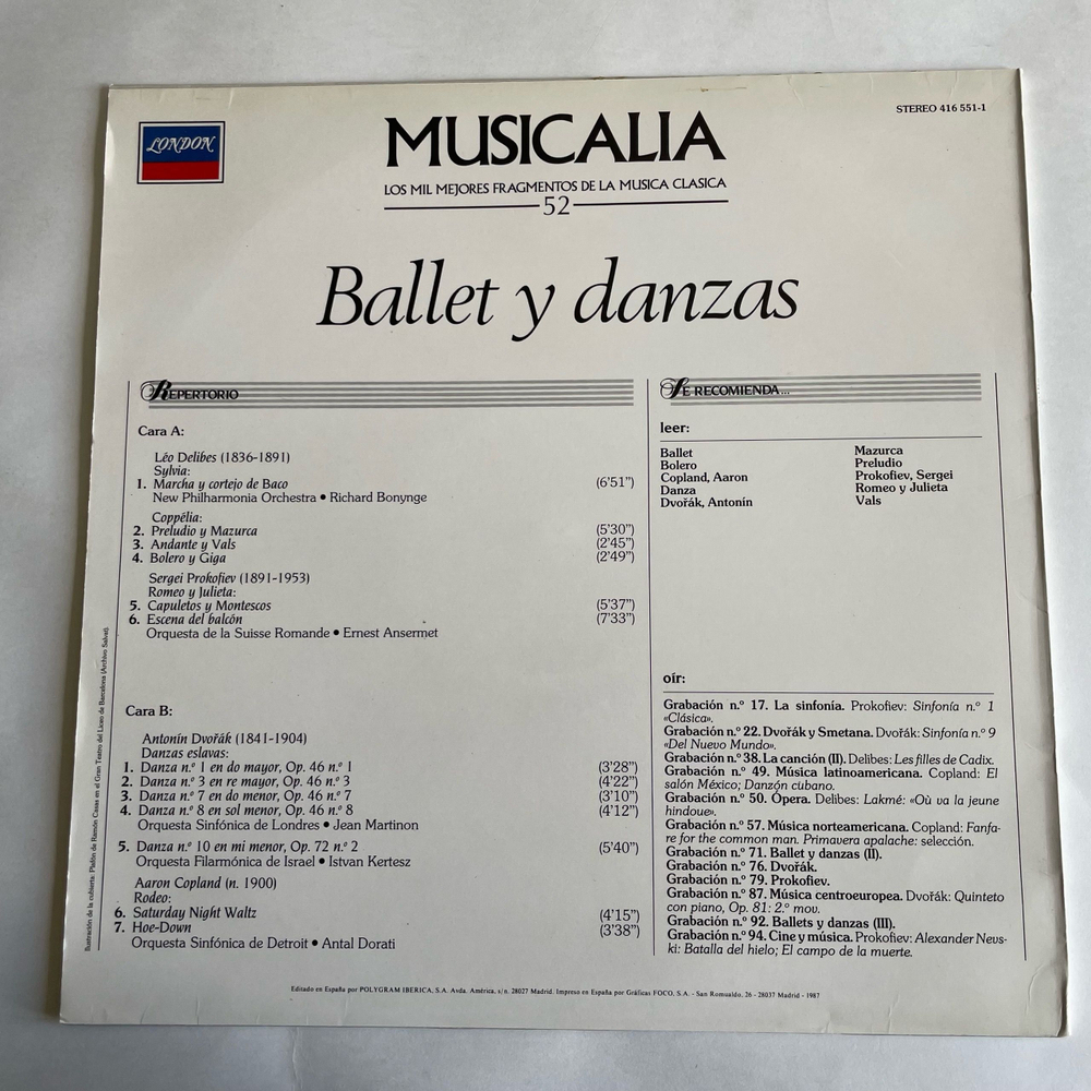 Винтажная виниловая пластинка LP Сборник Классических Балетов, Musicalia 52. Ballet Y Danzas (Испания 1987) (Коппелия, Ромео И Джульетта, Родео)