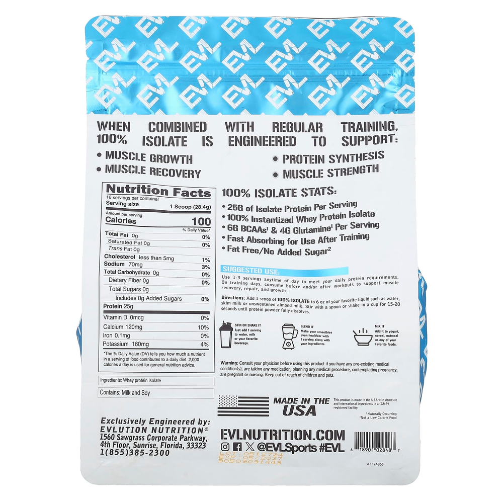 EVLution Nutrition, 100% изолят протеина, без добавок, 454 г (1 фунт)