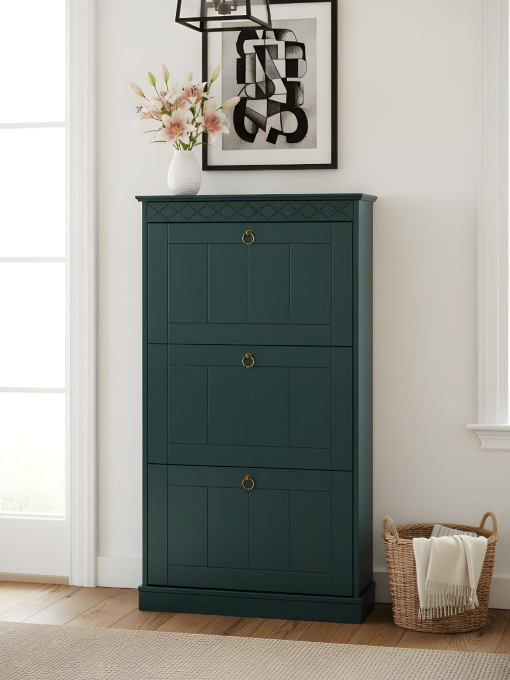 Обувница 66х22х123, Индра, закрытая, тумба для обуви, в прихожую, МДФ, зеленый изумруд, Dipriz