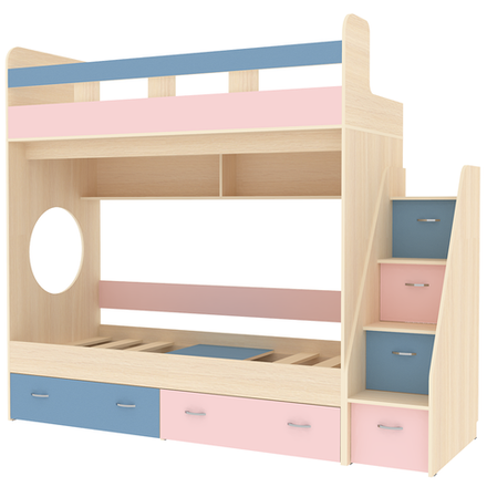 Двухъярусная кровать КарИВи Юниор 1 80х190  Дуб Молочный Голубой, Розовый