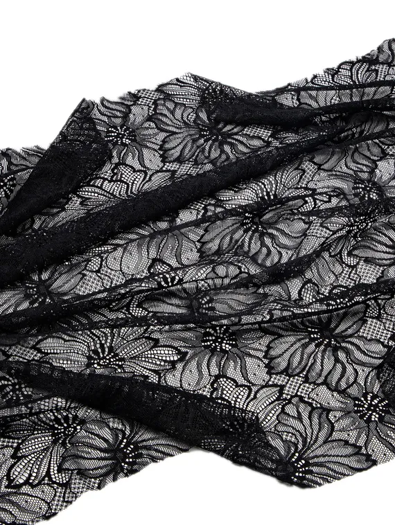 Кружевное эластичное полотно оптом (сетка), цветы, черный
