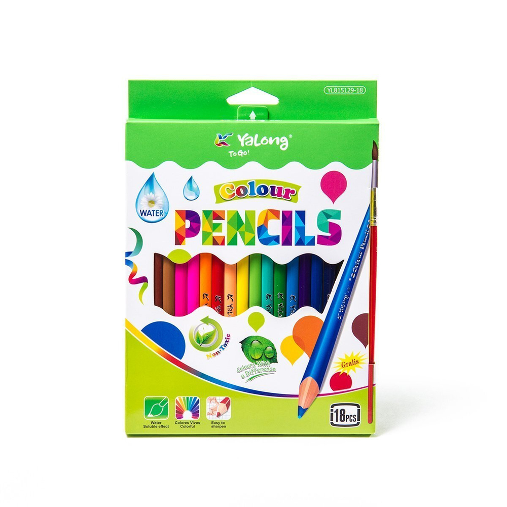 Карандаши акварельные Yalong 18 цв., "Colour", деревянные, трехгранные, заточенные, кисть, 3.0 мм, картон. упаковка, европодвес