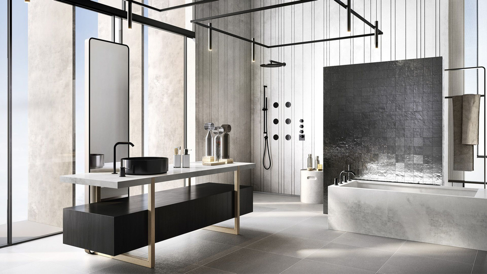 Смеситель для ванны Gessi316, на борт ванны, с выдвижным ручным душем, на 4 отверстия, цвет Black Metal Brushed PVD