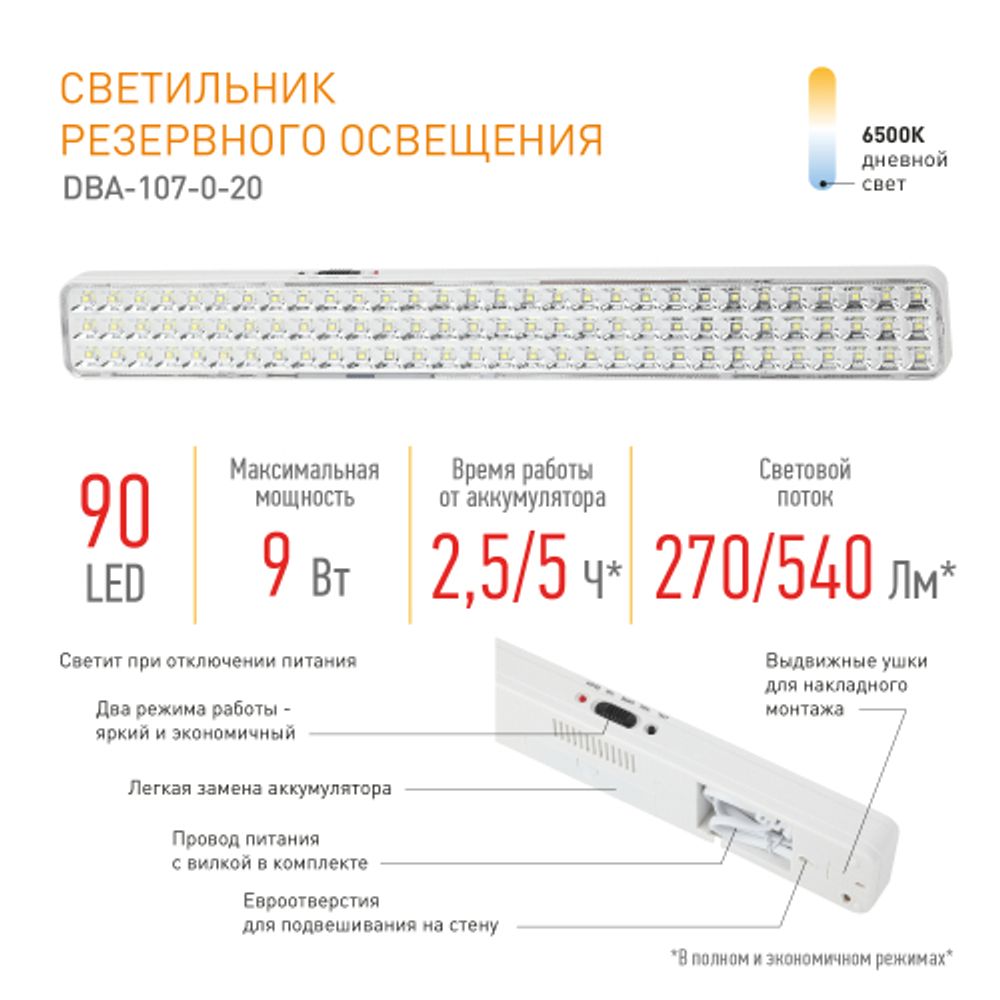 Аварийный светильник светодиодный ЭРА DBA-107-0-20 непостоянный 90LED 4ч IP20 | Светильники аварийные
