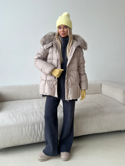 Пуховик Fresh миди с кулиской бежевый