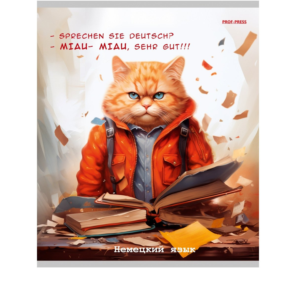 Тетрадь предметная 48л., А5, клетка, Проф-Пресс,"Жил был кот. Немецкий язык" скрепка, мелованный картон, со справочным материалом