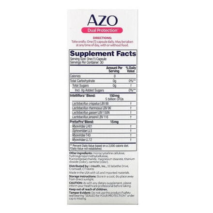 Для пищеварительной системы Azo, Dual Protection, поддержка мочеиспускания и влагалища, 30 капсул для приема один раз в день