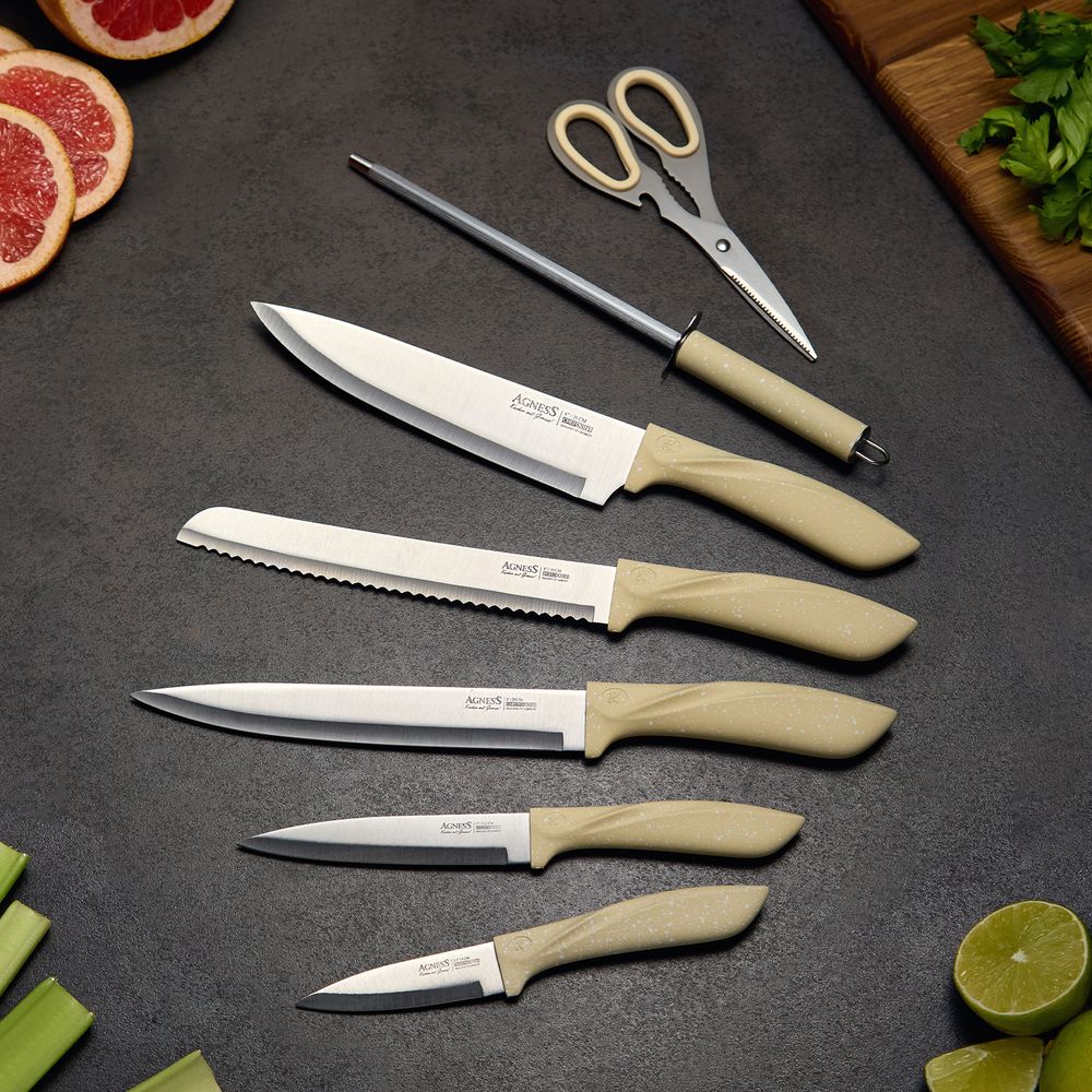 НАБОР НОЖЕЙ AGNESS С НОЖНИЦАМИ И МУСАТОМ НА ПЛАСТИКОВОЙ ПОДСТАВКЕ, 8 ПРЕДМЕТОВ