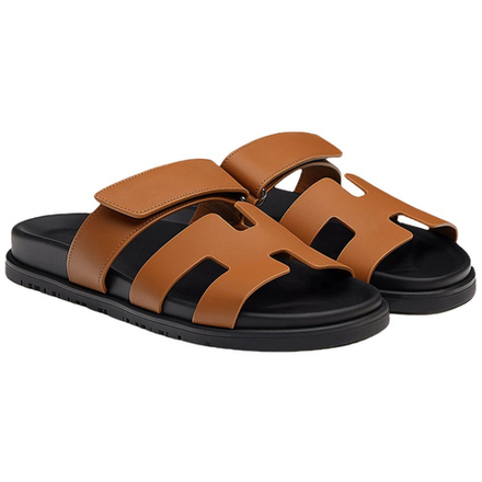Hermes Chypre Chypre Leather Flat Velcro round Head fashion Sandals Women's Brown, H211114Z A3