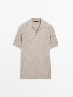 Massimo Dutti Вязаная рубашка-поло с короткими рукавами и узором «косичка», норка