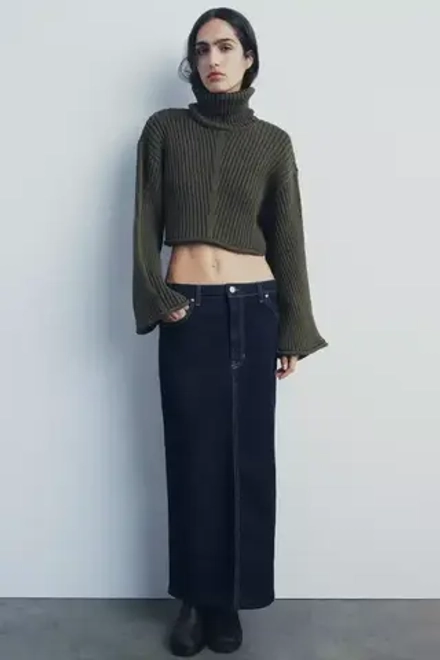 ZARA УКОРОЧЕННЫЙ СВИТЕР ИЗ РИФЛЕНОГО ТРИКОТАЖА, ХАКИ