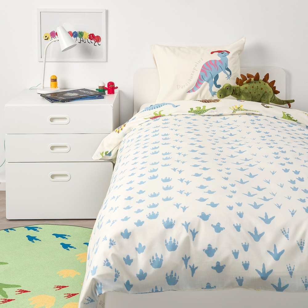IKEA JÄTTELIK  (ИКЕА ЙÄТТЕЛИК)  -  Пододеяльник и наволочка, динозавры/белый, 150x200/50x60 см