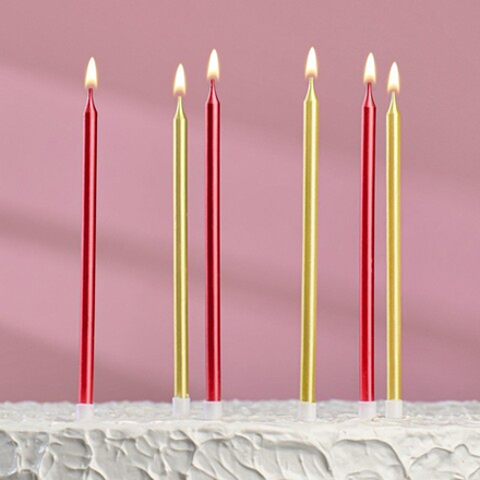 Свечи в торт "Ройс", 6 шт, высокие, 13 см, бордовые и золотые