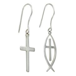 Ихтис и Крест католический - серьги из серебра 925 пробы