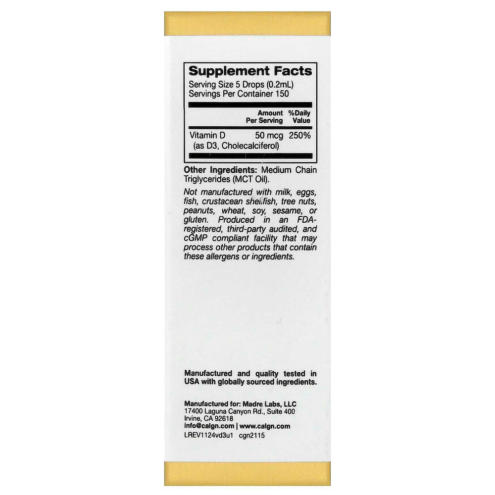 California Gold Nutrition, витамин D3, с нейтральным вкусом, 50 мкг (2000 МЕ), 30 мл (1 жидк. унция)