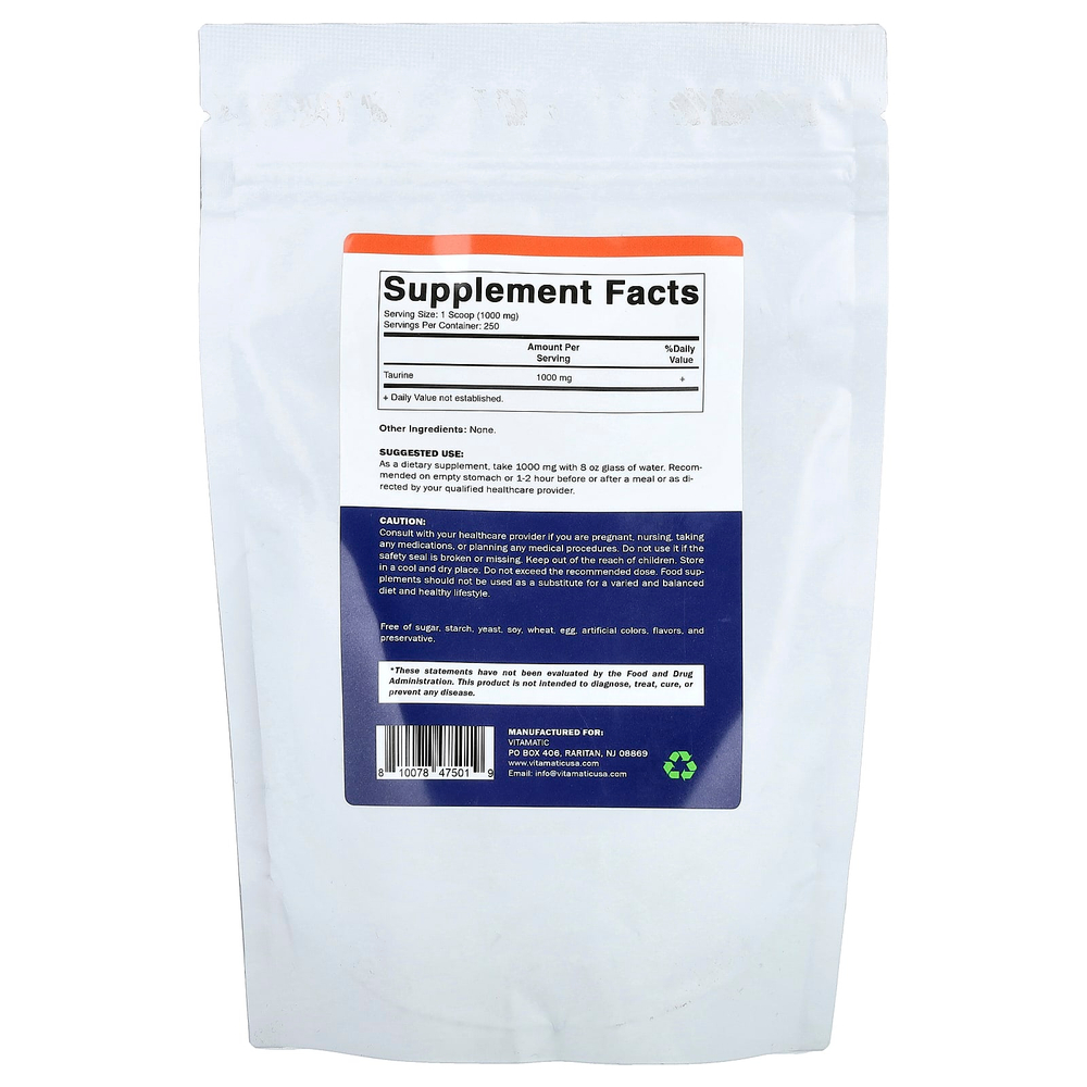 Vitamatic, таурин в порошке, без добавок, 250 г (8,8 унции)