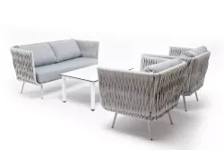 "Монако" лаунж-зона 4-местная из роупа со столом "Верона" (серый гранит), каркас светло-серый, роуп светло-серый