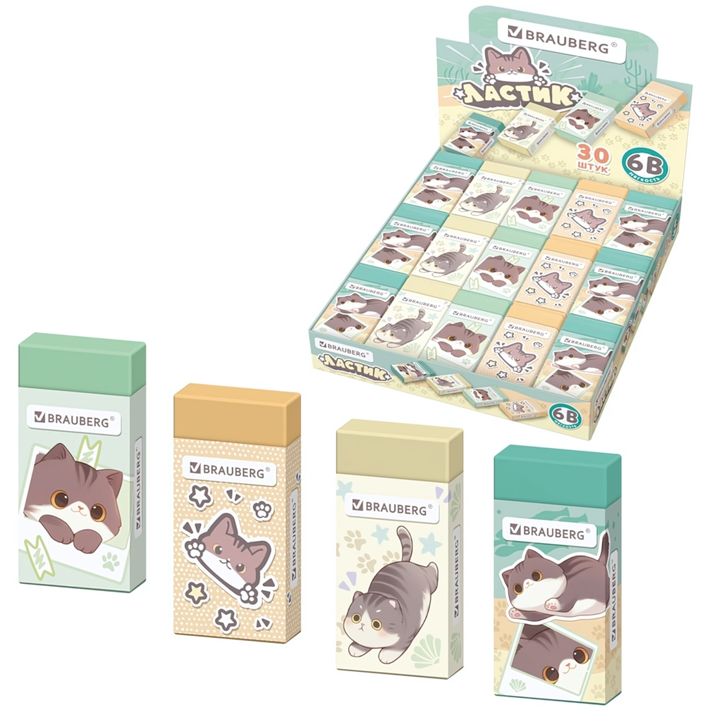 Ластик 50х24х10мм. прямоугольный, кросс-серия "Милые коты" картон. держатель, ЭКО ПВХ, ассорти (BRAU