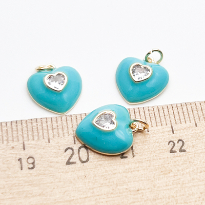 Подвеска Сердце, цвет золото+мятный, фианит, размер 13*12 мм, цена за 1 шт