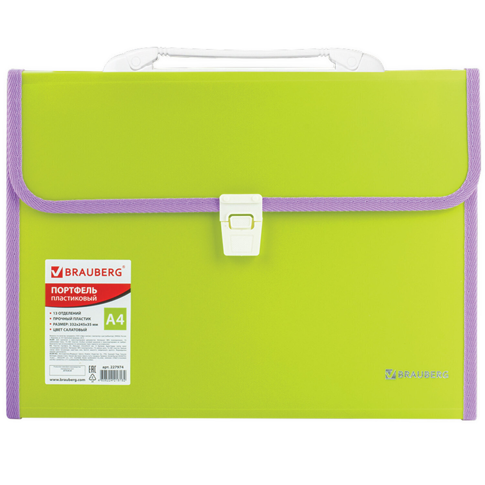 Папка-портфель пластиковая BRAUBERG "JOY" А4 (330х245х35 мм) 13 отделений с окантовкой салатовая (2 штуки в упаковке)