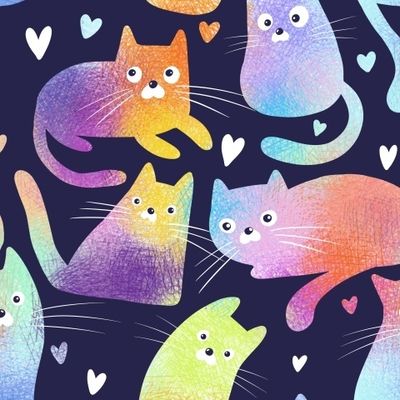 Разноцветные котики и сердечки