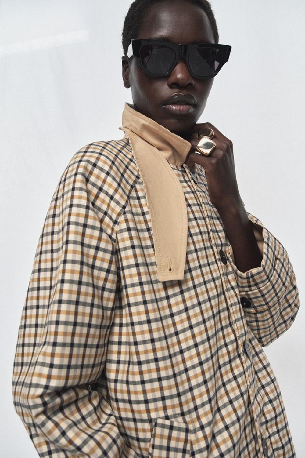 ZARA ДВУСТОРОННИЙ ТРЕНЧ В КЛЕТКУ — ZW COLLECTION, БЕЖЕВО-КОРИЧНЕВЫЙ