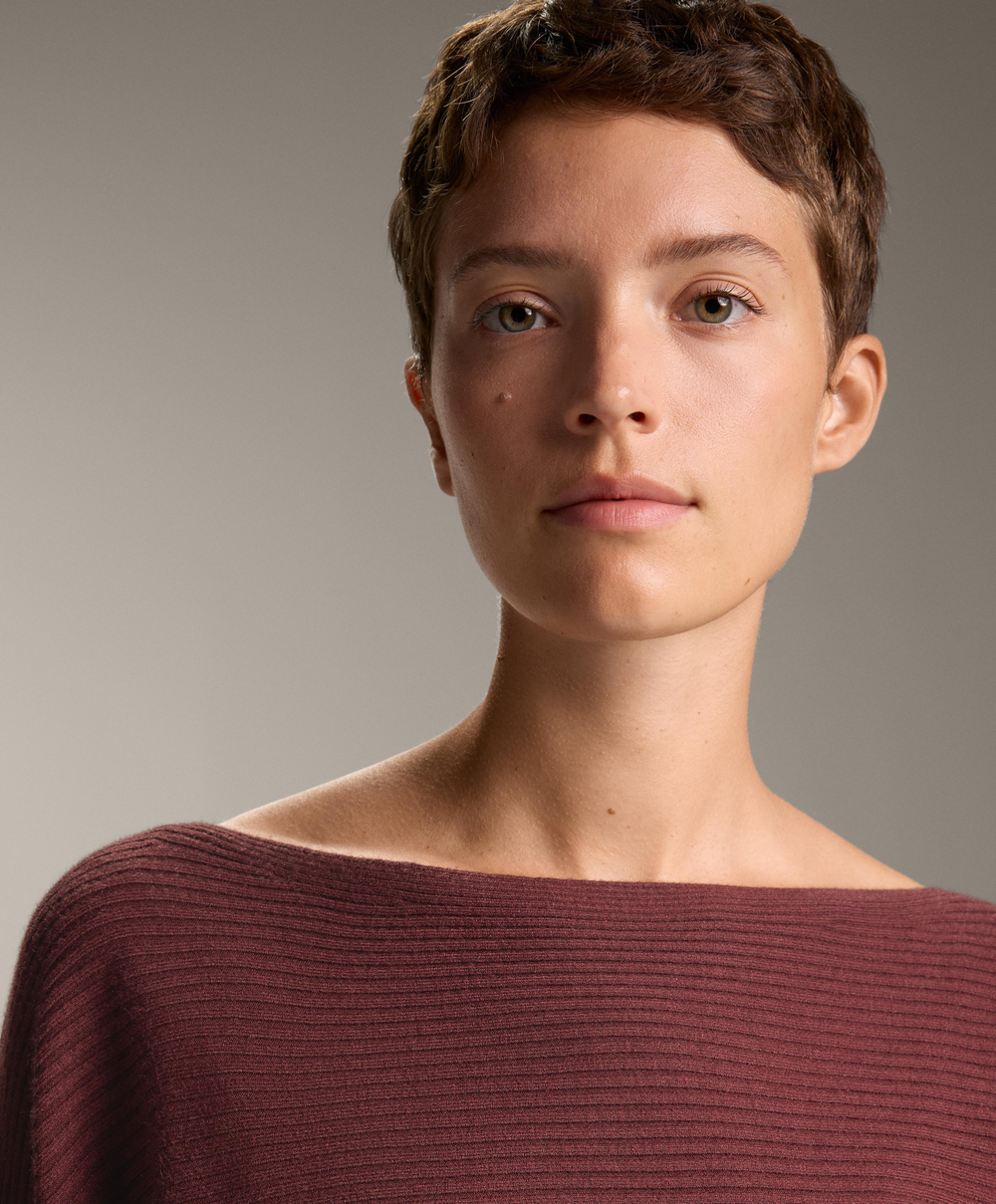 Oysho Вязаный джемпер в рубчик с открытыми плечами, бледно-фиолетовый меланж