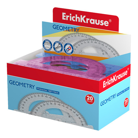 Транспортир 180гр. 10 см пласт. Glitter, в дисплее, ассорти