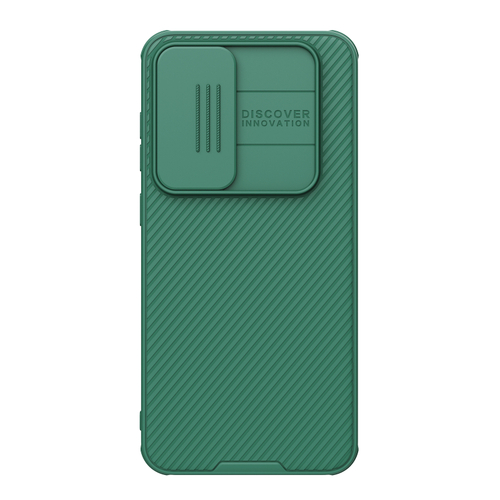 Усиленный чехол зеленого цвета (Dark Green) с сдвижной шторкой для камеры от Nillkin для Samsung Galaxy S24 FE, серия CamShield Pro