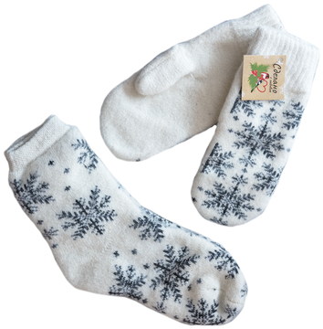 Комплект носочки и варежки "Снежинки в белом"