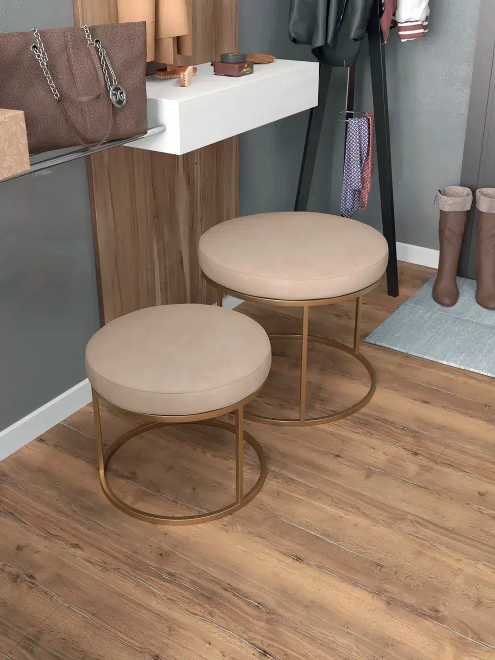 Комплект круглых банкеток - ЗБЕЖ - бежевое на золотом