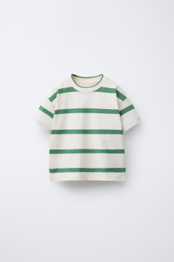 ZARA ФУТБОЛКА В ПОЛОСКУ С НАШИВКОЙ, ЗЕЛЕНЫЙ