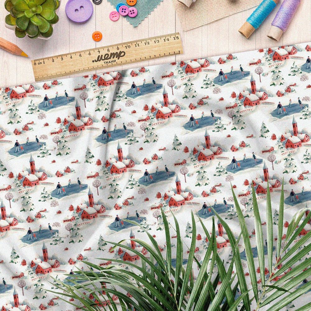 Ткань штапель зимняя деревушка