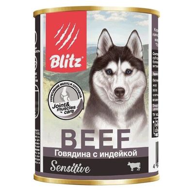 Влажный корм Blitz Sensitive Dog Beef & Turkey для собак, паштет с говядиной и индейкой, банка 400 г