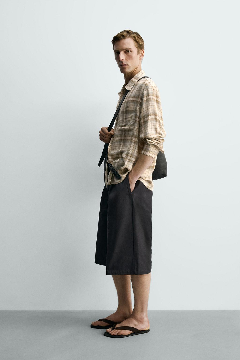 ZARА РУБАШКА RELAXED FIT В КЛЕТКУ, ПЕСОЧНЫЙ