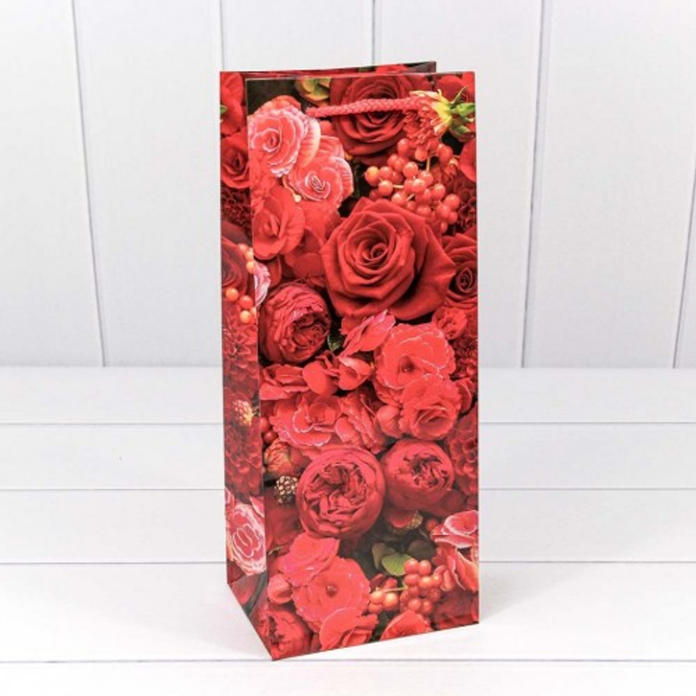 Пакет подарочный Под бутылку 14х35х11см "Цветы" (Микс)